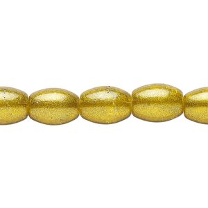 Bead, glass, opaque shimmer gold, 11x8mm-11x9mm oval. Sold per 8-inch strand, approximately 15 beads.