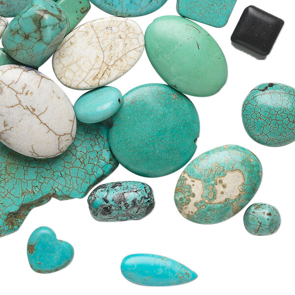 Bead mix, magnesite (dyed / stabilized), blue / green / white, 8mm-51x51mm multi-shape, D grade, Mohs hardness 3-1/2 to 4. Sold per 1 pound pkg, approximately 70 beads. image number 0