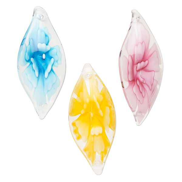 Random link mix, lampworked glass, translucent multicolored, 36x20mm-45x22mm flower with copper-colored glitter and silver-colored foil. Sold per pkg of 3. image number 0