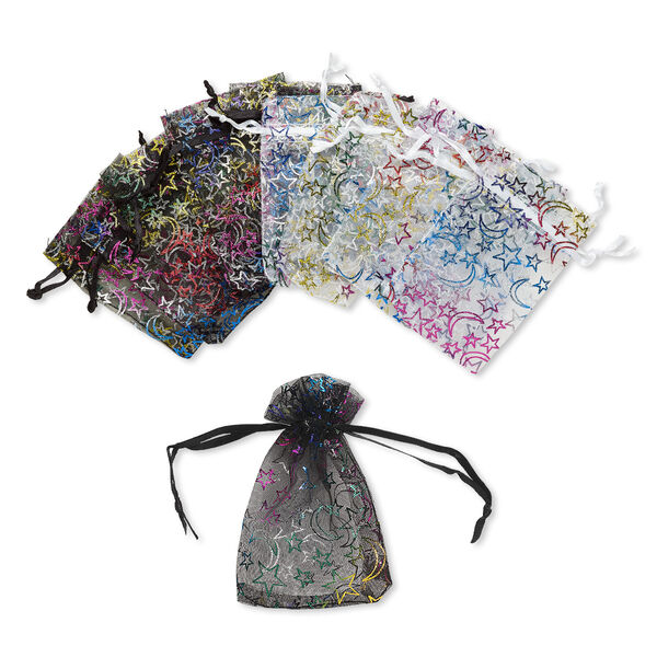Pouch, organza, black / white / multicolored, 4 x 2-1/2 inches with moon and star pattern with drawstring. Sold per pkg of 12. image number 0