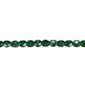 Bead, Czech fire-polished dipped décor glass, emerald green, 4mm faceted round. Sold per 15-1/2" to 16" strand, approximately 100 beads.
