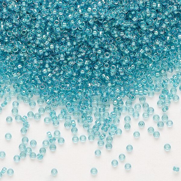 Seed bead, Miyuki, glass, pkg/250g, #15 rocaille, translucent aqua-lined luster crystal clear (RR-1822). image number 0