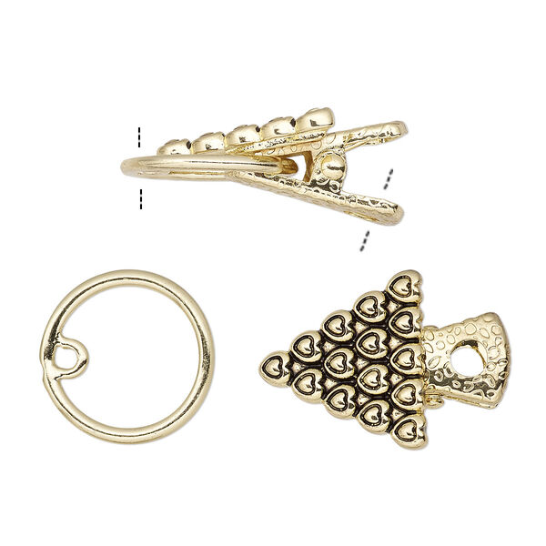 Clasp, alligator clip, antique gold-finished steel and "pewter" (zinc-based alloy), 20x20x19mm triangle with heart design. Sold individually. image number 0
