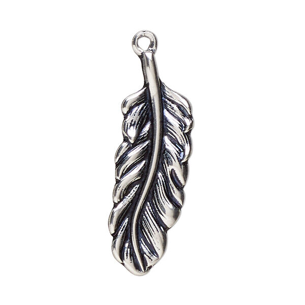 Charm, antique silver-plated "pewter" (zinc-based alloy), 31x14mm double-sided feather. Sold individually. image number 0