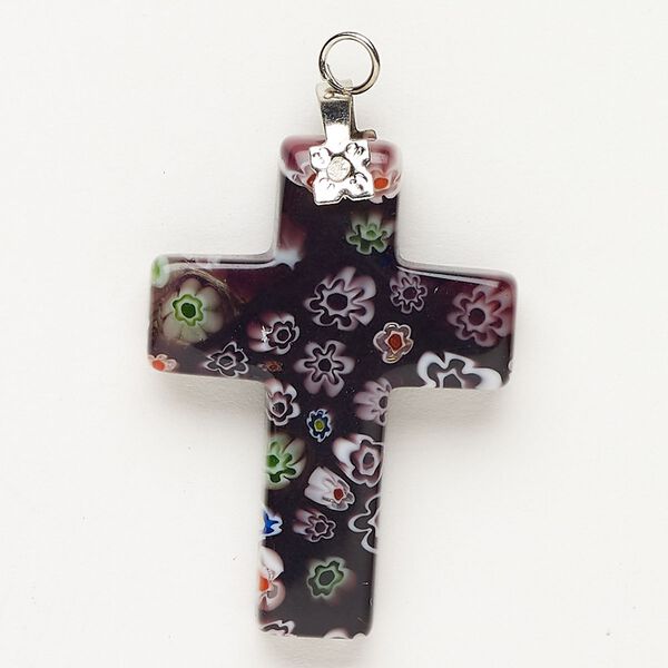 Focal 1pkg1 silver-finished steel and millefiori glass, translucent and transparent dark purple and multicolored, 33x23mm-35x24mm cross. image number 0