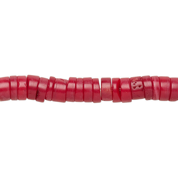 Bead, coral (dyed), red, 6x3mm hand-cut heishi, Mohs hardness 3-1/2 to 4. Sold per 15-1/2" to 16" strand. image number 0