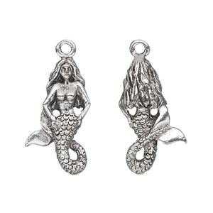 Charm, pewter (tin-based alloy), pkg/1, antique silver plate, 23x13mm 2-sided mermaid.
