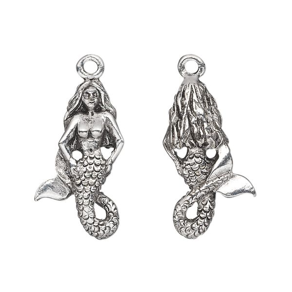 Charm, pewter (tin-based alloy), pkg/1, antique silver plate, 23x13mm 2-sided mermaid. image number 0