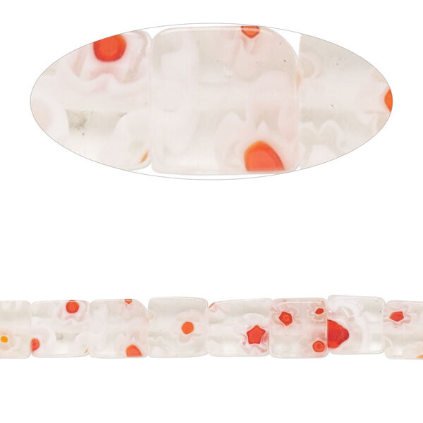 Bead, millefiori glass, clear / multicolored, 5mm-7x6mm flat square with flower design. Sold per 14-inch strand. image number 0