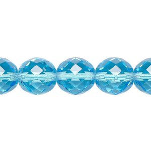 Bead, Czech fire-polished glass, pkg/15-1/2 to 16 inches, 12mm faceted round, transparent light turquoise blue, (60010).