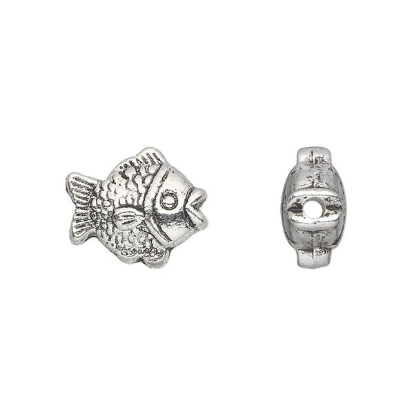 Bead, antique silver-plated "pewter" (zinc-based alloy), 15x13mm puffed fish. Sold per pkg of 10. image number 0