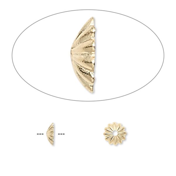 Bead cap, gold-plated brass, 6x1.5mm ribbed round, fits 6-8mm bead. Sold per pkg of 100. image number 0