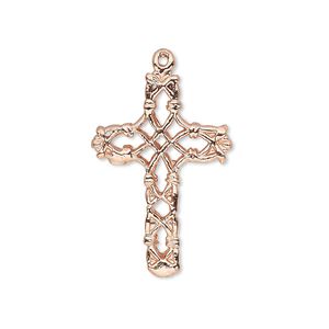 Drop, copper, 27x19mm filigree cross. Sold per pkg of 2.