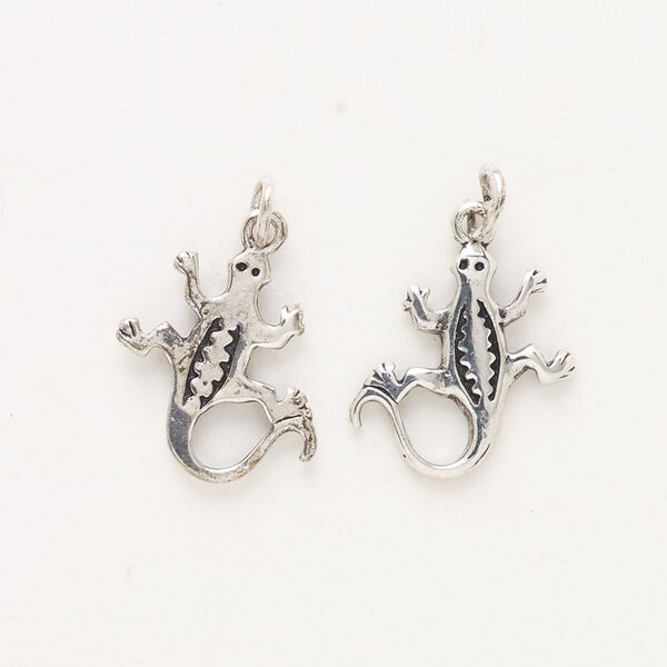 Charm, "pewter" (zinc-based alloy), pkg/2, antique silver finish, 16x15mm lizard. image number 0