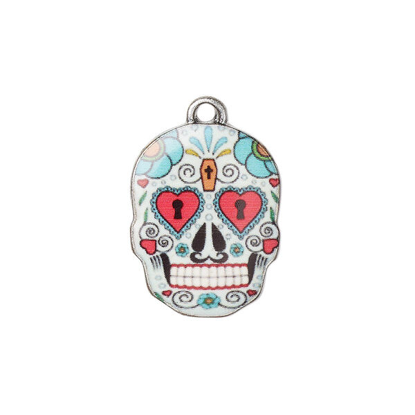 Charm, resin and antique silver-plated "pewter" (zinc-based alloy), multicolored, 19x14.5mm single-sided Dia de los Muertos skull with heart and coffin design. Sold individually. image number 0