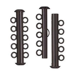 Clasp, 5-strand slide lock, electro-coated brass, black, 31x6mm tube. Sold per pkg of 2.
