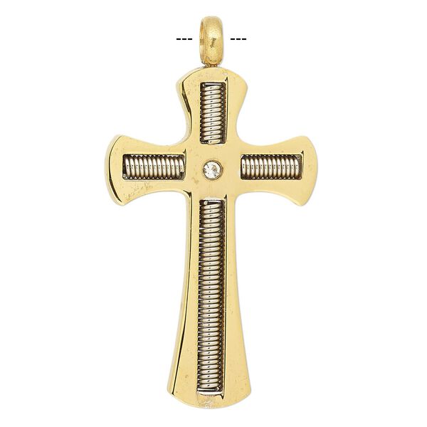 Pendant, cubic zirconia with stainless steel and gold-finished stainless steel, clear, 40x25mm cross. Sold individually. image number 0