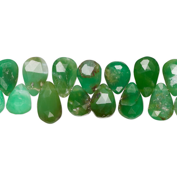 Bead, chrysoprase (natural), light to medium, 7x5mm-11x7mm hand-cut top-drilled faceted puffed teardrop with 0.4-1.4mm hole, C grade, Mohs hardness 6-1/2 to 7. Sold per 8-inch strand. image number 0