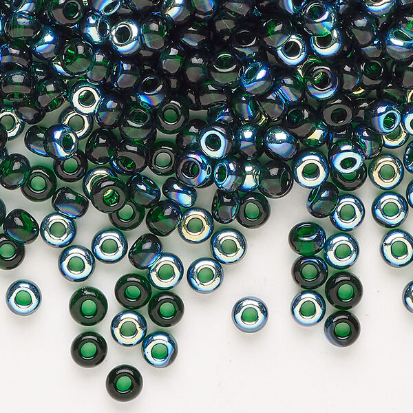 Glass 1pkg1, round seed bead opaque dark green AB #6 100g image number 0