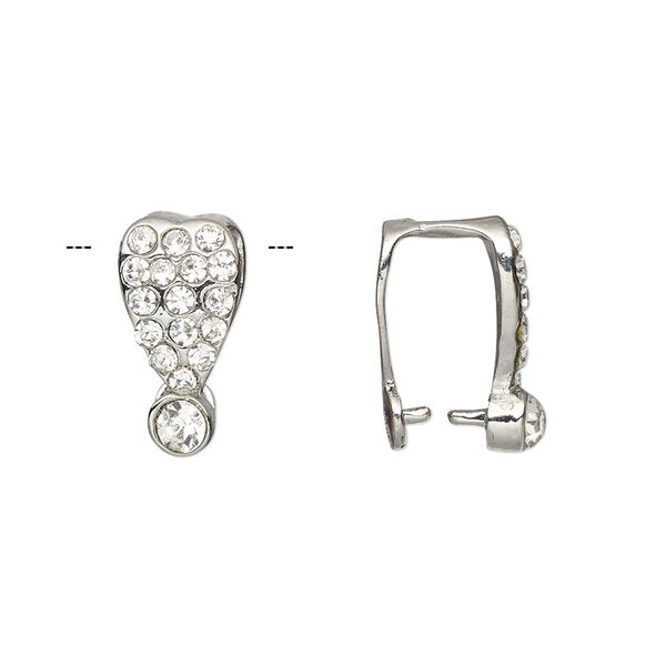 Bail, ice-pick, Egyptian glass rhinestone and imitation rhodium-plated brass, clear, 16x8mm heart, 10mm grip length. Sold per pkg of 6. image number 0