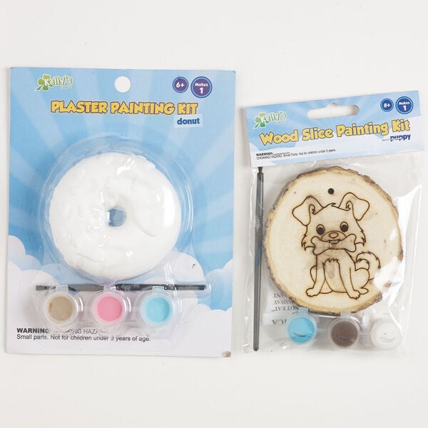 Painting kits 1pkg10, wood / paint / plaster, multicolored, 3-1/2 inch round with puppy and 3 inch round donut. image number 0