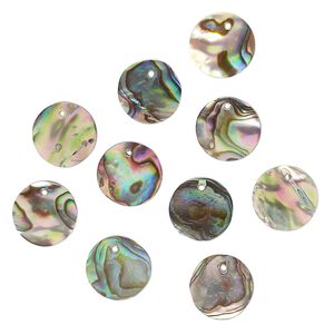 Drop, paua shell (natural), 10mm flat round, Mohs hardness 3-1/2. Sold per pkg of 10.