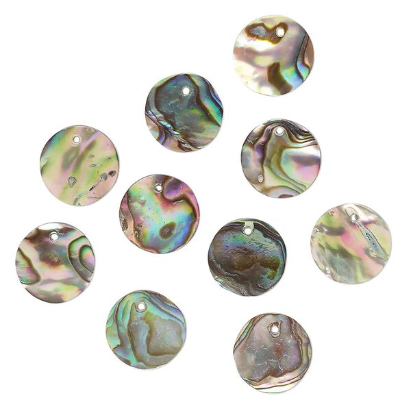 Drop, paua shell (natural), 10mm flat round, Mohs hardness 3-1/2. Sold per pkg of 10. image number 0