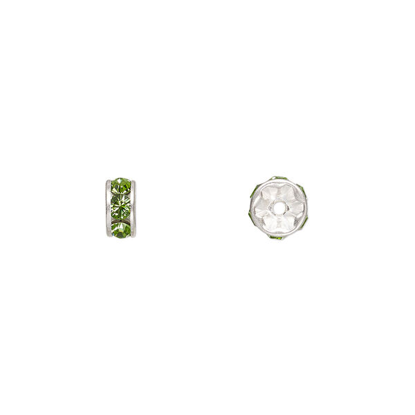 Bead 4pk peridot silver plate, Crystal Passions® 6x3.5mm rondelle 77506 image number 0