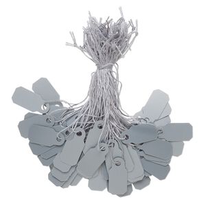 Tag, PVC plastic and cotton, silver, 4/5 x 2/5 inch. Sold per pkg of 100.