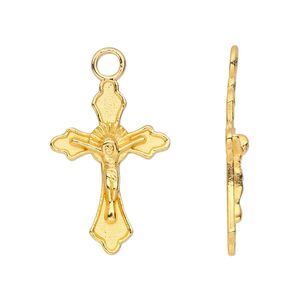 Drop, gold-finished "pewter" (zinc-based alloy), 26x17mm single-sided crucifix. Sold per pkg of 10.