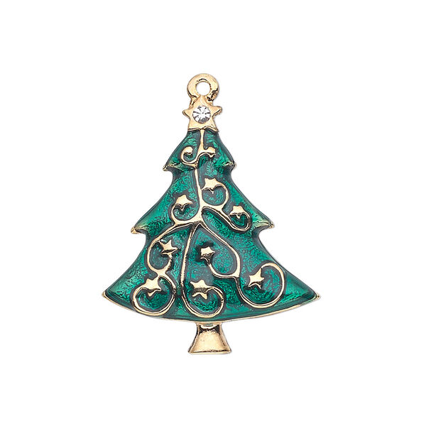 Charm, enamel / crystals / gold-finished "pewter" (zinc-based alloy), green and crystal clear, 27x22mm single-sided Christmas tree. Sold individually. image number 0