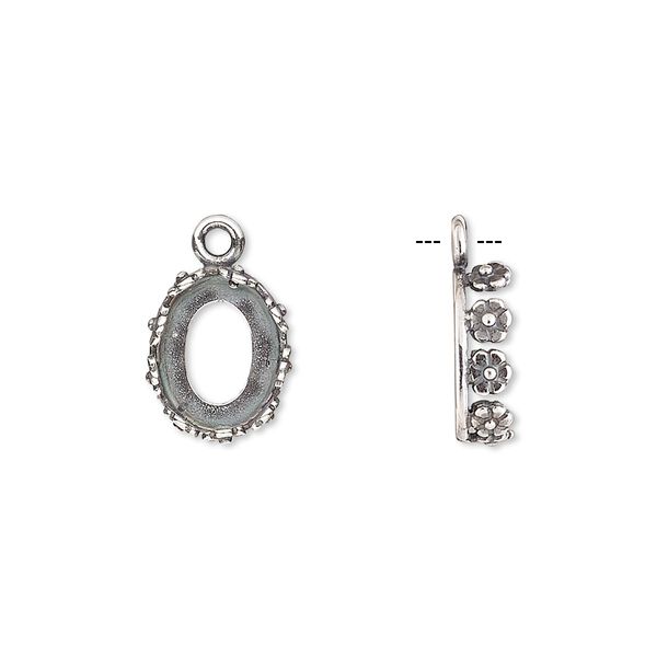 Drop, JBB Findings, antique silver-plated brass, 12x10mm oval with open back and flower design trim, 10x8mm oval bezel setting. Sold per pkg of 2. image number 0
