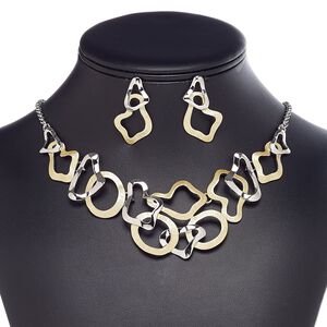 Necklace and earring set, enamel / imitation rhodium-finished steel / brass / "pewter" (zinc-based alloy), matte gold, freeform, 18-inch necklace with 2-inch extender chain and lobster claw clasp, 36mm earrings with post. Sold per set.