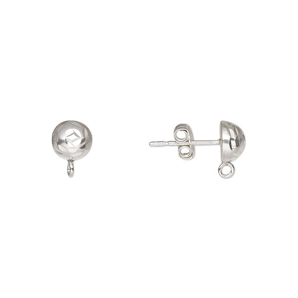 Earstud, sterling silver, 6mm diamond-cut half-ball with loop. Sold per pair. image number 0