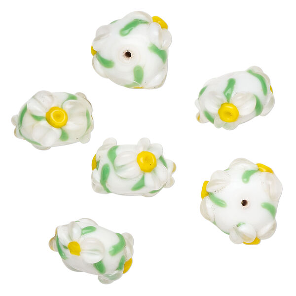 Bead, lampworked glass 1pkg6, white / green / yellow, 18x12mm rondelle with flower and vine. image number 0