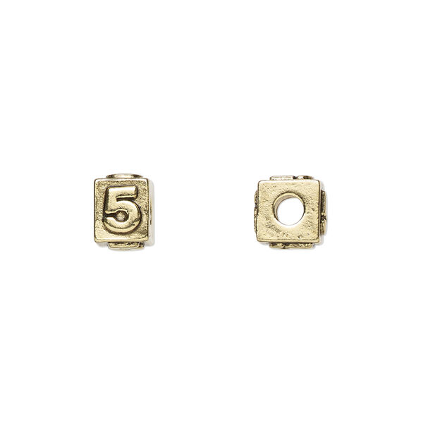 Bead, antique gold-plated pewter (tin-based alloy), 8x6mm rectangle with number "5." Sold per pkg of 4. image number 0