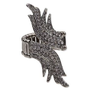 Ring, stretch, glass rhinestone and gunmetal-plated "pewter" (zinc-based alloy), grey, 54x20mm wings. Sold individually.