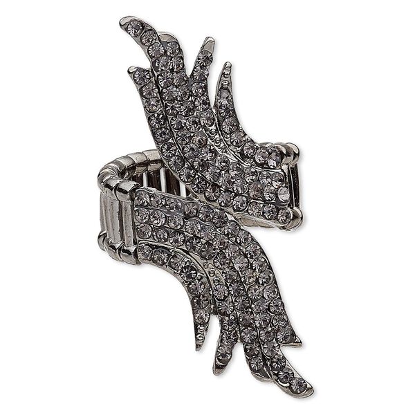 Ring, stretch, glass rhinestone and gunmetal-plated "pewter" (zinc-based alloy), grey, 54x20mm wings. Sold individually. image number 0