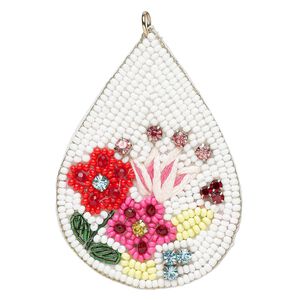 Focal 1pkg1 seed bead / glass rhinestone / felt, multicolored, 64x45mm handmade teardrop with flowers.