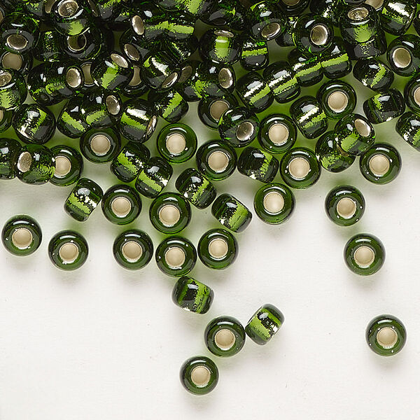 Seed bead, Miyuki, glass, pkg/25g, #6 rocaille, transparent silver-lined olive green (RR-26). image number 0