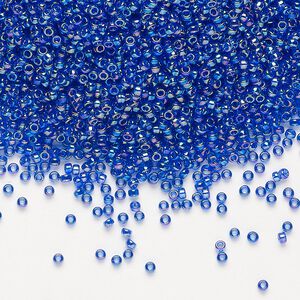 Seed bead, Miyuki, glass, pkg/35g, #15 rocaille, translucent rainbow cobalt (RR-177).