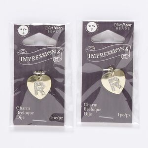 Charm, gold-finished "pewter" (zinc-based alloy), / steel / acrylic rhinestone, clear, 15.5x15mm single-sided puffed heart with letter "R." Sold per pkg of 2.