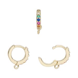 Hoop, gold-finished brass / glass / cubic zirconia, multicolored, 13mm hoop, 17 gauge. Sold per pair.