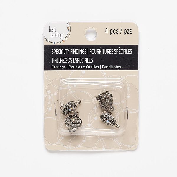 Earstud, glass rhinestone with antiqued silver-finished steel and "pewter" (zinc-based alloy), clear AB, 13x13mm filigree flower with closed loop. Sold per pkg of 2 pairs. image number 0