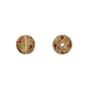 Bead, cloisonné, enamel and gold-finished copper, multicolored, 10mm round with dots and swirls design. Sold per pkg of 4.