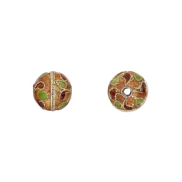 Bead, cloisonné, enamel and gold-finished copper, multicolored, 10mm round with dots and swirls design. Sold per pkg of 4. image number 0