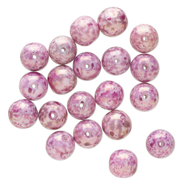 Bead, Czech glass, opaque lavender luster, 8mm round with splatter design. Sold per pkg of 20. image number 0