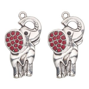 Focal, antique silver-finished "pewter" (zinc-based alloy) and glass, red and black, 30x19mm single-sided elephant. Sold per pkg of 2.
