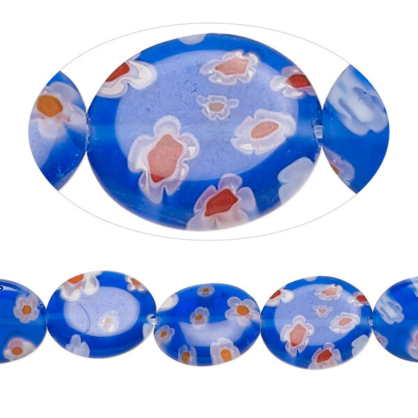 Bead, millefiori glass, translucent cobalt / red / white, 12x10mm puffed oval with 0.6-0.8mm hole. Sold per 15-inch strand. image number 0