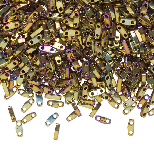 Seed bead, TILA®, glass, pkg/5g, 5x1.2mm quarter tila rectangle, opaque metallic gold iris purple, (QTL-188). image number 0